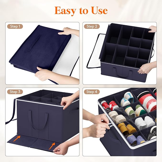 Lifewit Shoe Storage Organizer for Closet, Fabric Large Shoe Box Storage Containers with Clear Cover, Foldable Bins for Boots Heels Sneakers Fits 24-32 Pairs (Each 12-16 Pairs) 2 Pack Blue