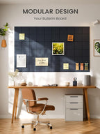 Bumusty Large Felt Bulletin Board, 36" x 24" Cork Board Alternative, 6-Pack Wall Tiles with 4-Compartment Design, 30 Push Pins, 40 Adhesive Tabs, Ideal for Office & Home Decor, Deep Charcoal Blue