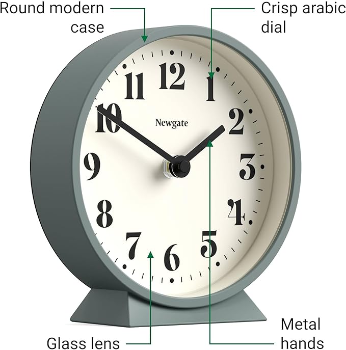 NEWGATE® Theatre Mantel Clock | Modern Classic Round Design | Asparagus Green | Contemporary Style for Desk, Table, Shelf or Bedside
