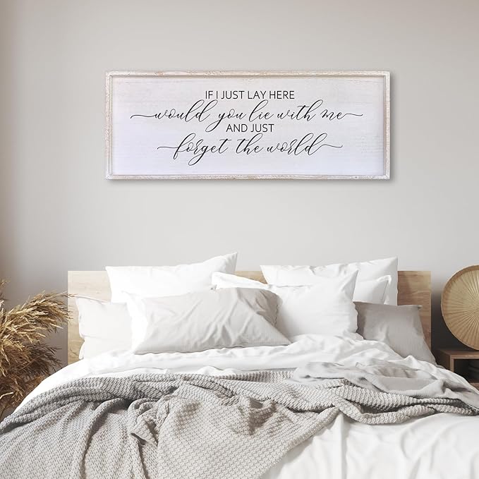 Surfapans If I Lay Here Would You Lie With Me Wall Decor Sign 40”X15” Master Room Bedroom Above Bed Large Farmhouse Inspirational Quotes Minimalist Wood Framed Over Bed Wall Art Decoration (White)