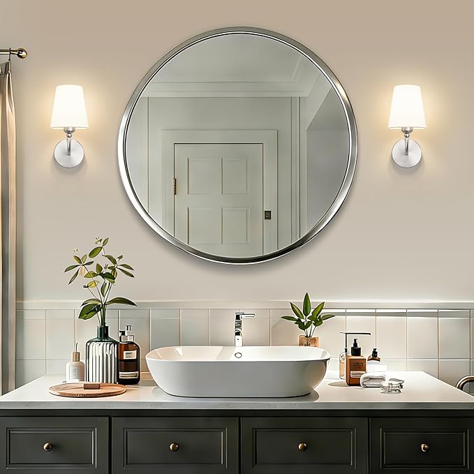 Modern Wall Sconces Set of 2, Hardwired Wall Lights with Flared White Fabric Shade, Brushed Nickel Wall Lamps for Bedroom Bedside Stairway Bathroom Living Room(ETL Listed)