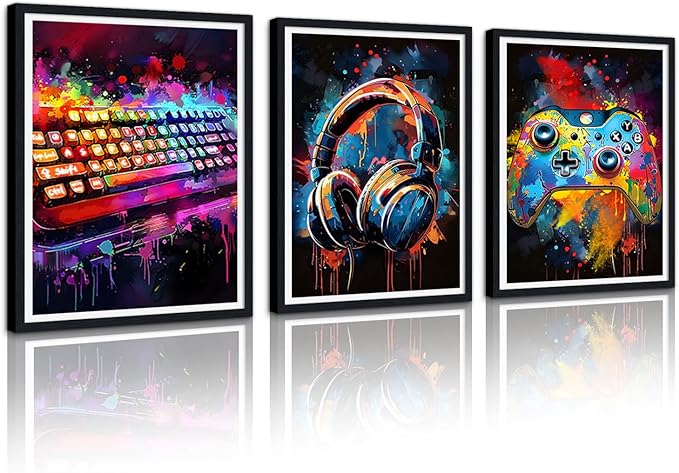 Novatique 3Pcs Cool Gaming Wall Art Graffiti Gamepad Headphone Canvas Prints Colorful Video Gamer Watercolor Posters for Boy Room,12" x 16" x 3Pcs