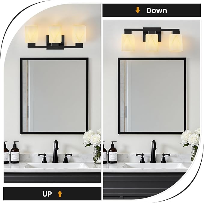 3-Light Square Bathroom Light Fixture, Matte Black Modern Vanity Light with White Marble Glass Shade, for Bathroom Mirror, Living Room, Bedroom, Hallway, E26 Base