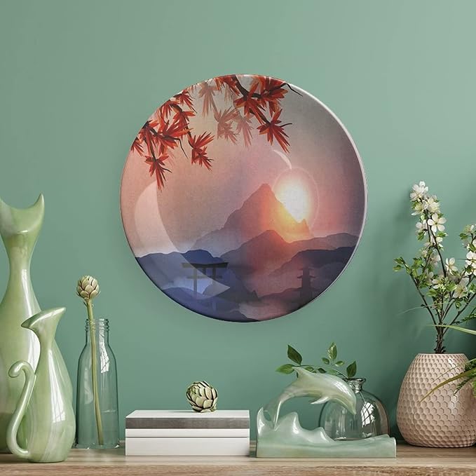 Ceramic Display Plate, Asian Ceramic Hanging Decorative Plate, Majestic Himalayas Peaks Tops Circle Culture, 6 Inch, Household Custom Ceramic Plate, Blue Pink Red