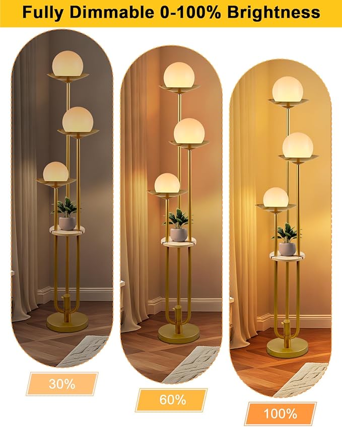 Lightdot Globe Floor Lamp with Shelf 3-Lights Modern Dimmable Floor Lamps for Wedding/Party, 3000K Warm White Bulbs Included, Gold Tall Standing Lamp for Living Room/Bedroom/Sofa Beside/Corner Decor
