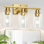 3-Light Bathroom Light Fixtures, Vanity Light with Clear Glass Shades, Brushed Gold Bathroom Light Fixtures Over Mirror, Modern Bathroom Wall Lamp for Mirror Living Room Cabinet Bedroom