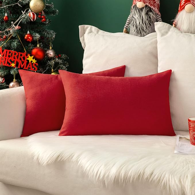 MIULEE Pack of 2 Decorative Outdoor Solid Waterproof Throw Pillow Covers Christmas Faux Linen Garden Farmhouse Cushion Cases for Summer Patio Tent Balcony Couch Sofa 20x12 Inch Red