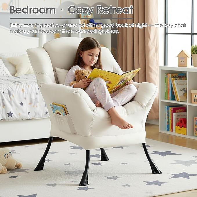 Lazy Chair for Living Room, Large Beige Lounge Accent Chair with a Throw Pillow, Leisure Sofa Chair Set, Comfy Reading Chair for Bedroom, Dorm Room, Office