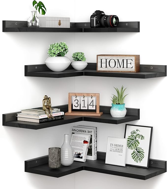 4 Tier Floating Corner Shelves Black Set of 4, Rustic Pine Wooden Floating Corner Wall Shelf for Wall Décor Storage, L Shaped Corner Shelf Wall Mount For Bedroom, Living Room, Bathroom, Kitchen.