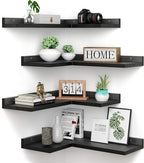 4 Tier Floating Corner Shelves Black Set of 4, Rustic Pine Wooden Floating Corner Wall Shelf for Wall Décor Storage, L Shaped Corner Shelf Wall Mount For Bedroom, Living Room, Bathroom, Kitchen.
