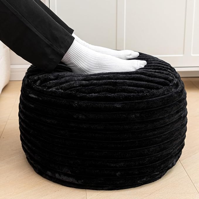 Asuprui Pouf Ottoman Stuffed Footstool Floor Pouf Foot Rest 20x12 Inches Round Poof Seat Floor Bean Bag Chair Foldable Floor Chair Storage for Living Room Bedroom Black Stripe Pouf with Filler