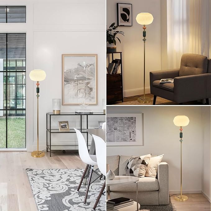 Floor Standing Tall Lamp Milk Glass Floor Lamp with Plug Switch Button for Living Room Bedroom Home Office