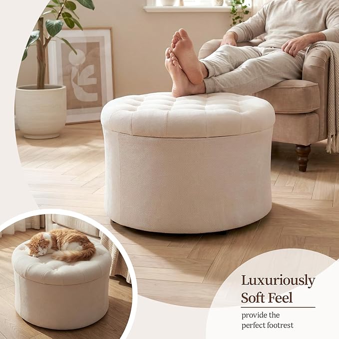 ONBRILL 25" Ottoman with Storage, Round Pouf Ottoman Foot Rest, Small Storage Foot Stool for Couch Bedroom Living Room, Books, Blankets & Kid's Toy Box, Load up to 220 lbs, Beige