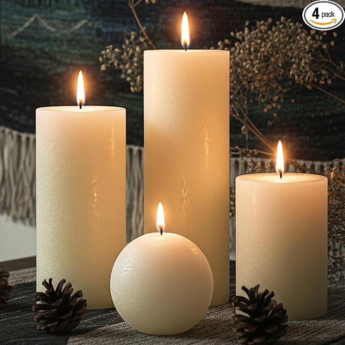 Ivory Rustic Textured Pillar Candles Set - 4 Pcs Assorted Sizes Unscented Pillar Candle, Decorative Farmhouse Candles for Home Centerpiece Decor, Holiday Dinner Table, Dripless & Smokeless