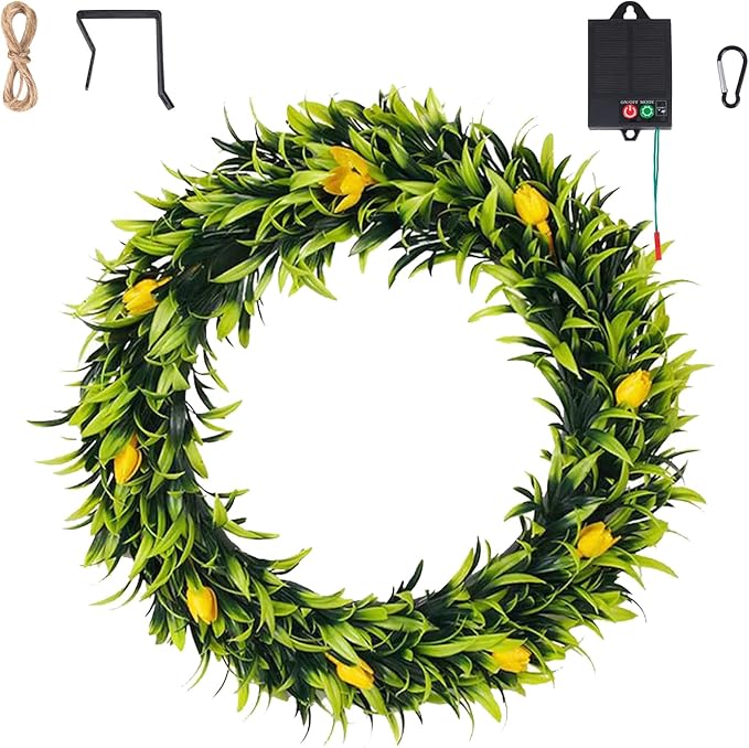 Solar Spring Wreath for Front Door 16inch Pre-lit 30LED Wreaths Spring Summer Decor for Outside Aftificial Yellow Tulips Wreaths Home Decorations Wreath for Wall Festival Decor