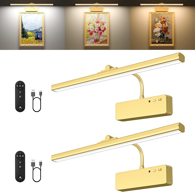 Picture Light, 15.35inch Wireless Picture Lights for Wall Rechargeable, 5400mAh Battery Wall Light with Remote, 3 Color Art Lighting for Paintings with Timer and Dimmable Artwork Display (Gold-2PCS)