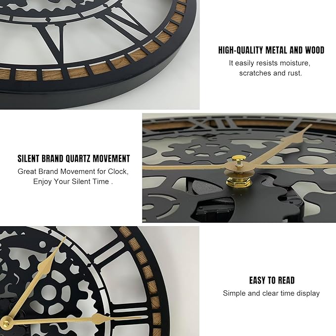 24 Inch Wall Clock, Gear Clock, Silent Non Ticking, Battery Operated Large Wall Clocks for Living Room Decor, Kitchen, Office (Vintage Industrial Steampunk)