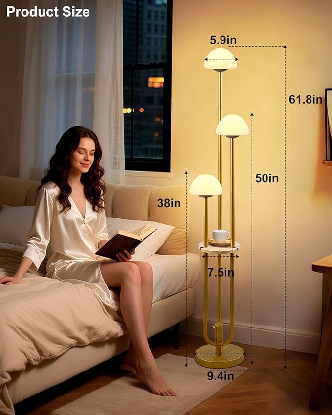 Lightdot Gold Dimmable Floor Lamp with Table, Modern Floor Lamps for Living Room, 3000K Warm Lights Tall Standing Lamp with Mushroom Shades & Bulbs Included for Bedroom/Sofa Beside/Corner Decor