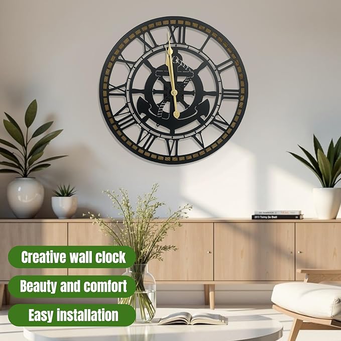 24 Inch Wall Clock, Anchor Wall Clock, Silent Non Ticking, Battery Operated Large Decor Clocks for Living Room Decor, Kitchen, Office (Nautical Style)