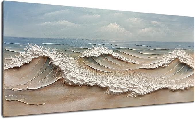 zoinart Blue Ocean Wave Oil Painting on Canvas Impasto Textured Painting Serene Canvas Wall Art Living Room Wall Decor Contemporary Art 24" x 48"