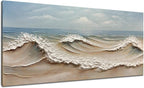 zoinart Blue Ocean Wave Oil Painting on Canvas Impasto Textured Painting Serene Canvas Wall Art Living Room Wall Decor Contemporary Art 24" x 48"