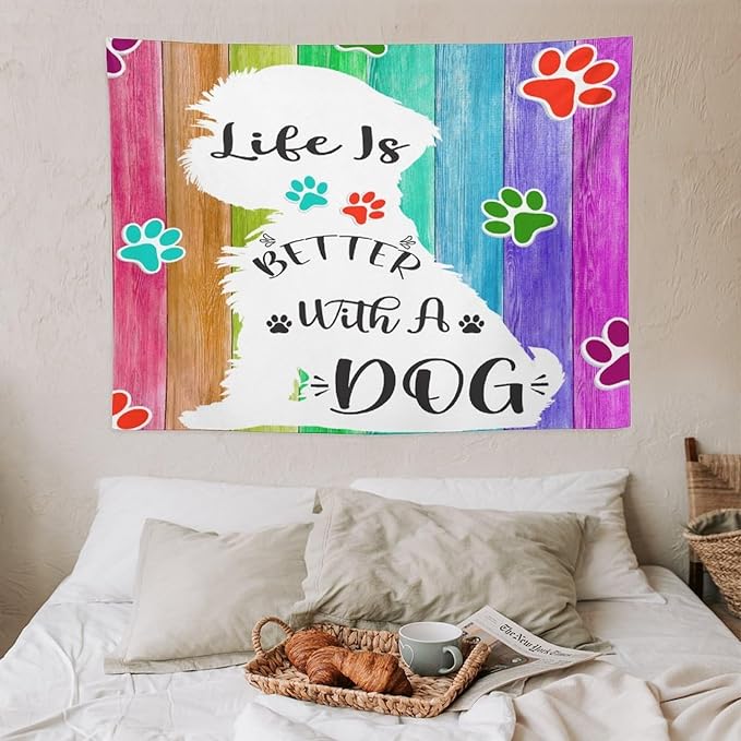 VUMIVI Cute Dog Tapestry Rainbow Color Planks Rustic Farmhouse Home Decor Pet Paws Tapestry Wall Hanging for Living Room Bedroom Dorm Classroom Aesthetic Decor W40xL30in
