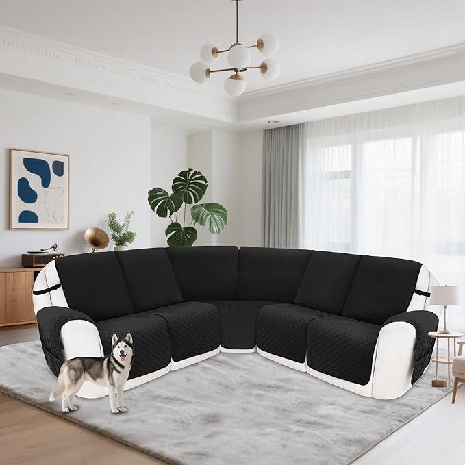 Reclining Sectional Couch Covers 100% Waterproof Velvet L Shape Recliner Couch Covers for Dogs Pets Washable Anti Slip Recliner Slipcovers with Pockets (5 Seat Sofa, Black)