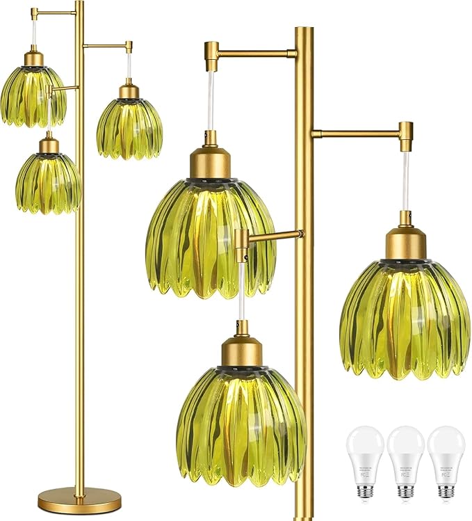 Vintage Floor Lamps for Living Room-3 Light Gold Floor Lamp with Three Bulbs & Glass Lampshape,Glass Mid Century Modern Standing Lamp Tree Tall Flower Floor Lamp for Bedroom Living Room,Corner
