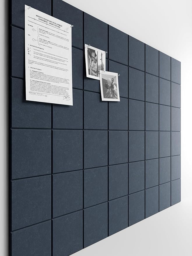 Bumusty Large Felt Bulletin Board, 48" x 36" Cork Board Alternative, 12-Pack Wall Tiles with 4-Compartment Design, 30 Push Pins, 70 Adhesive Tabs, Ideal for Office & Home Decor, Navy Blue