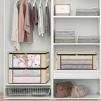 HomeHacks Storage 3-Pack Clothes Organizer Storage Bags Foldable Storage Box with Large Clear Window Sturdy Handles for Closet, Dorm, Pillows, Bedding, Clothes, Blankets, 35L, Beige