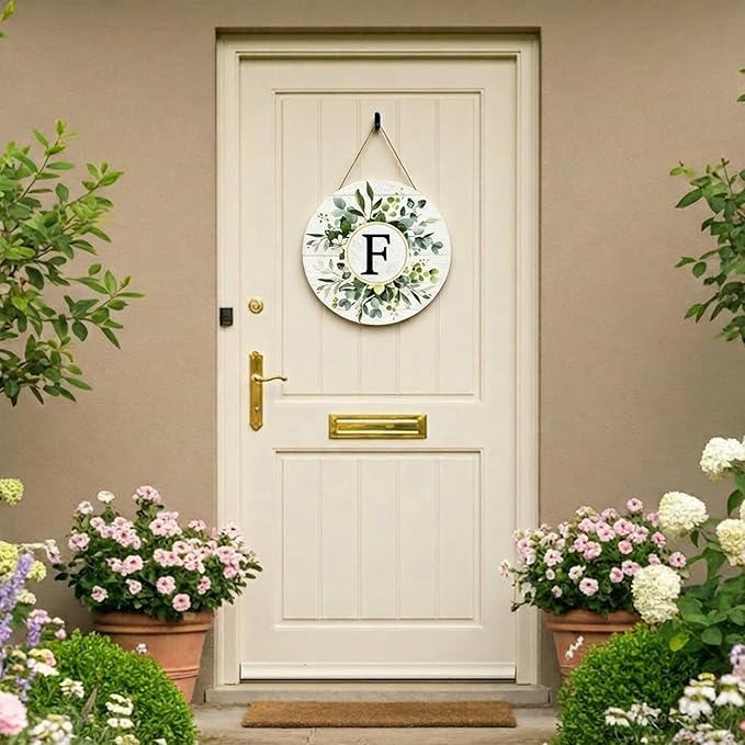 Smile Monogram Letter F Wreaths Wooden Welcome Sign, Family Last Name Initial Front Door Wall Decoration, Floral Spring Summer Porch Rustic Home Kitchen Decor
