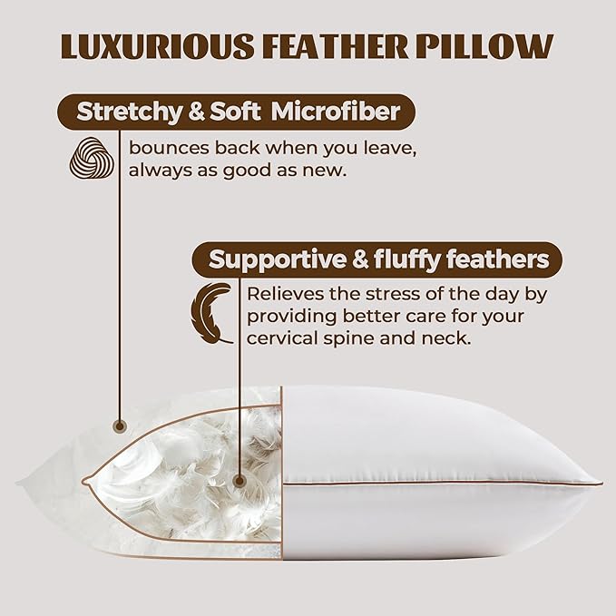 Bafode King Size Bed Pillows, Goose Feather & Down Alternative, Set of 2, White, Plush, Modern, Square, Indoor, Feather, Bagged, Soft & Breathable, Durable, Machine Washable