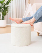 Round Ottoman with Storage, Boucle Foot Rest Stool with Reversible Tray Lid, Folding Teddy Ottoman Coffee Table for Dorm Living Room Bedroom Entryway, White,13" x 13" x 13.8"