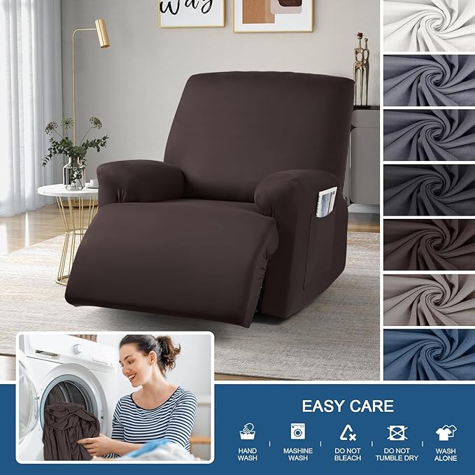 TAOCOCO Oversized Recliner Chair Covers 4-Pieces, Stretch Recliner Cover for Large Recliner Washable Reclining Chair Cover Polyester Soft Fabric Furniture Protector (Oversized Recliner, Coffee)