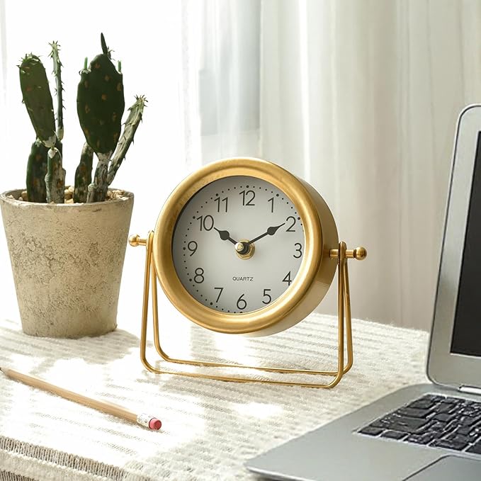 Small Gold Desk and Shelf Clock, 6.9*5.9 Inch Retro Elegant Tabletop Clock with Glass Cover, Silent Non-Ticking Battery Operated Decorative Clock for Living Room, Office, Bedroom, Gift Idea
