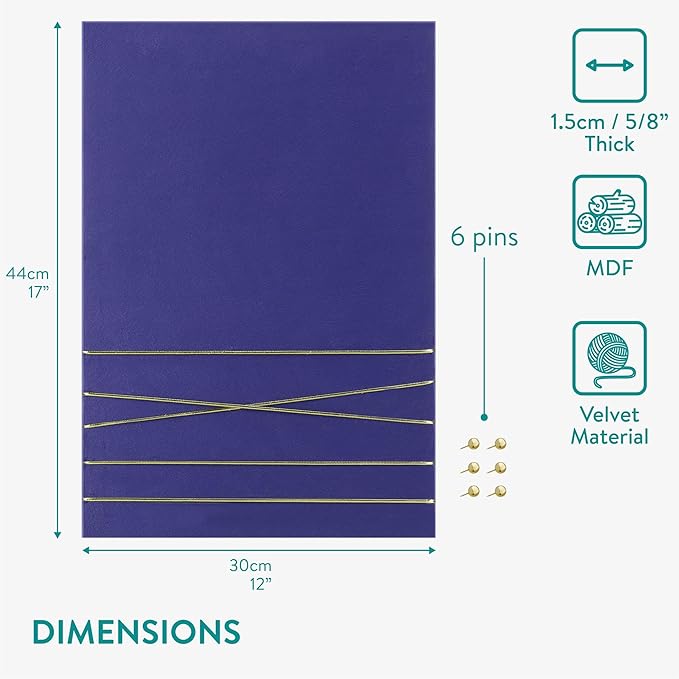 Navaris Fabric Memo Bulletin Board - 12" x 17" Velvet Memory Board for Wall to Display Photo Collages, Pictures, Notes - Includes 6 Push Pins - Dark Blue