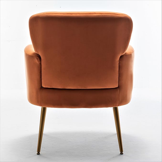 Trendy Velvet Accent Chair with Gold Metal Legs, Upholstered Armchair for Small to Mid-Size Spaces, Modern Living Room, Bedroom, Vanity Desk and Entryway, Red Orange