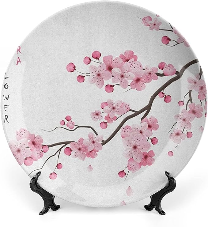 Ceramic Display Plate, Asian Ceramic Hanging Decorative Plate, Japanese Cherry Blossoms Spring Themed, 10 Inch, Living Room Kitchen Decoration Household, Pink White