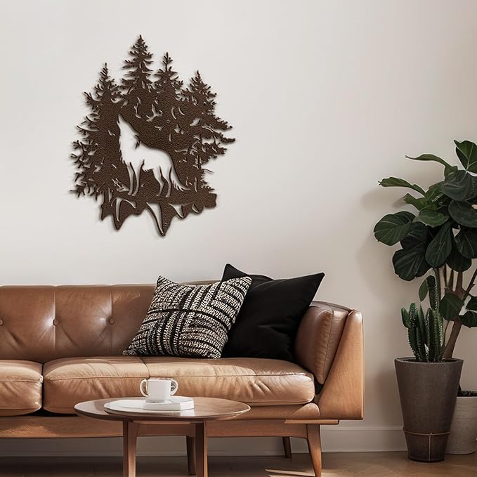 SIGNLEADER Metal Wall Art Decor Wolf and Pine Tree Minimalist Modern Abstract Wall Sculpture Hangings Home Decoration for Living Room, Bedroom, Bathroom, Kitchen, Outdoor - 18" Bronze