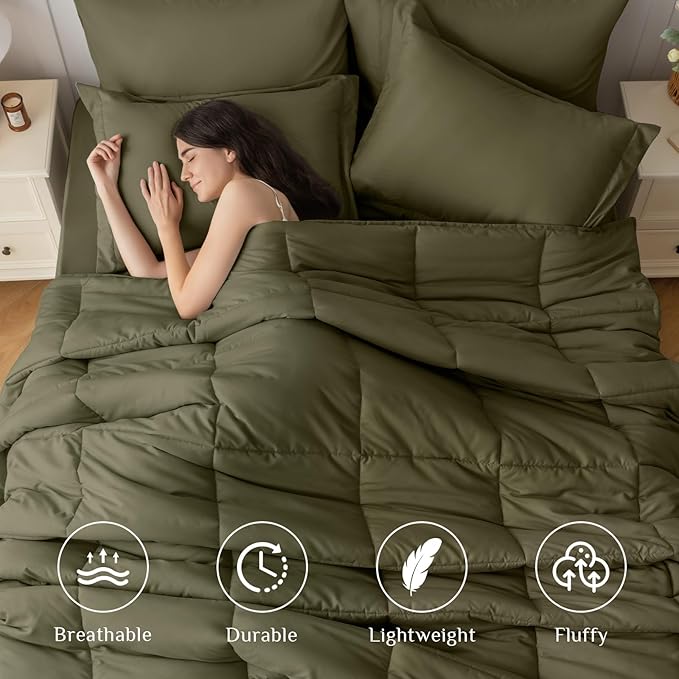 JOLLYVOGUE King Comforter Set, Ultra-Soft Bed in a Bag King Size 7 Pieces, Oeko-TEX Certified Bedding Set with Down Alternative Comforter, Sheets, Pillowcases & Shams, Olive Green