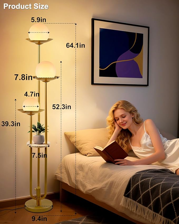 63IN Globe Floor Lamp with Shelf 3-Lights Modern Dimmable Floor Lamps with 3000K Soft Warm White Bulbs for Wedding/Party, Gold Tall Standing Lamp for Living Room/Bedroom