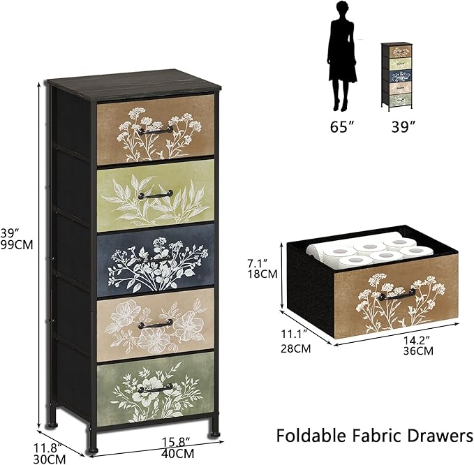 Tohomeor Vintage Dresser Vertical Nightstand with Neutral Botanical Plant Fabric Chest Drawers for Closet Bathroom Storage Tower Unit Bed Side Organizer Farmhouse Rustic (Multi, 5 Drawers)