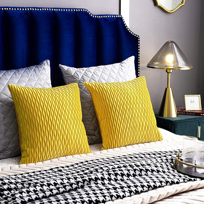 Mustard Yellow Couch Pillow Covers: 2 Pack 22x22 Inch Original Striped Velvet Square Throw Pillow Cases for Farmhouse Home Decor