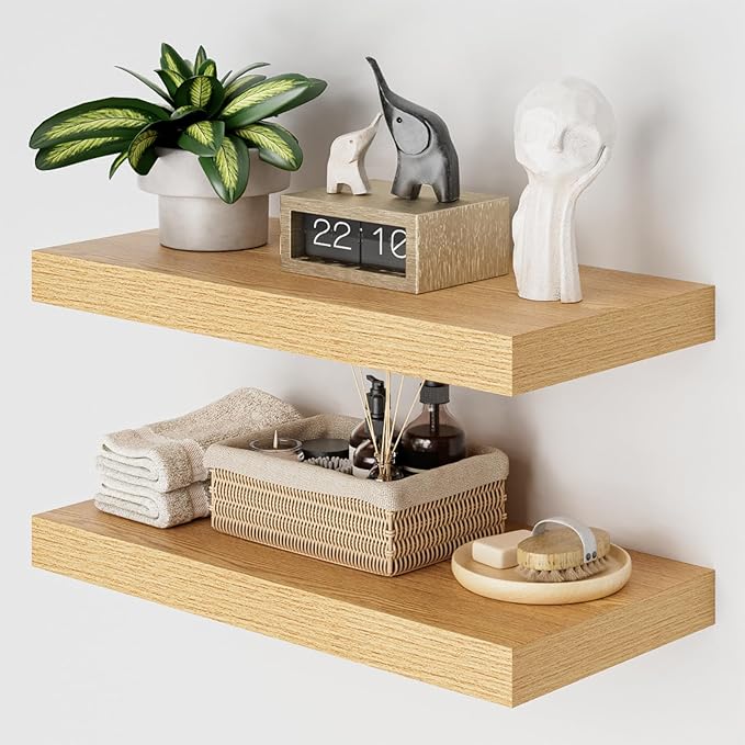 Heimlove 12" Deep Floating Shelves for Wall, 24 Inch Shelf Bathroom Shelves Set of 2, Mounted Shelves for Books Living Room Laundry Room Bedroom Kitchen Home Office, Oak