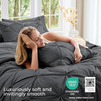 Sasttie California King Comforter Set, 7-Piece Bed in a Bag, Pintuck Bedding Sets for All Season, Includes Comforter, Flat Sheet, Fitted Sheet,Pillowcases and Pillowshams, Dark Grey