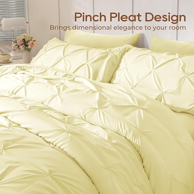 Sasttie Queen Comforter Set, 7-Piece Bed in a Bag, Pintuck Bedding Sets for All Season, Includes Comforter, Flat Sheet, Fitted Sheet, Pillowcases and Pillowshams, Cream Yellow