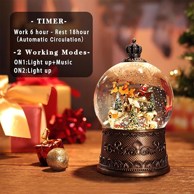 100mm Christmas Snow Globe with Music and Waterfall Effects Featuring Flying Reindeer and Santa Snow Scene Power Options: USB Charging and Battery-Powered(Snow Village)
