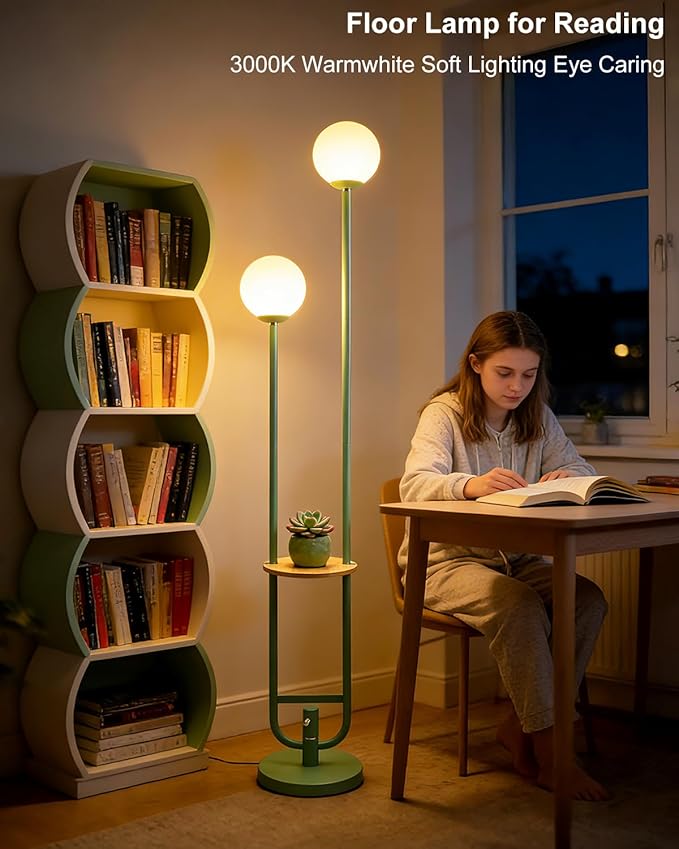 Lightdot 63IN Green Floor Lamp with U Pole, 2 Globe Mid Century Standing Lamps with Bulbs Included, Unique Vintage Dimmable Tall Floor Lamp for Living Room/Wedding/Party/Sofa Beside/Corner Decor