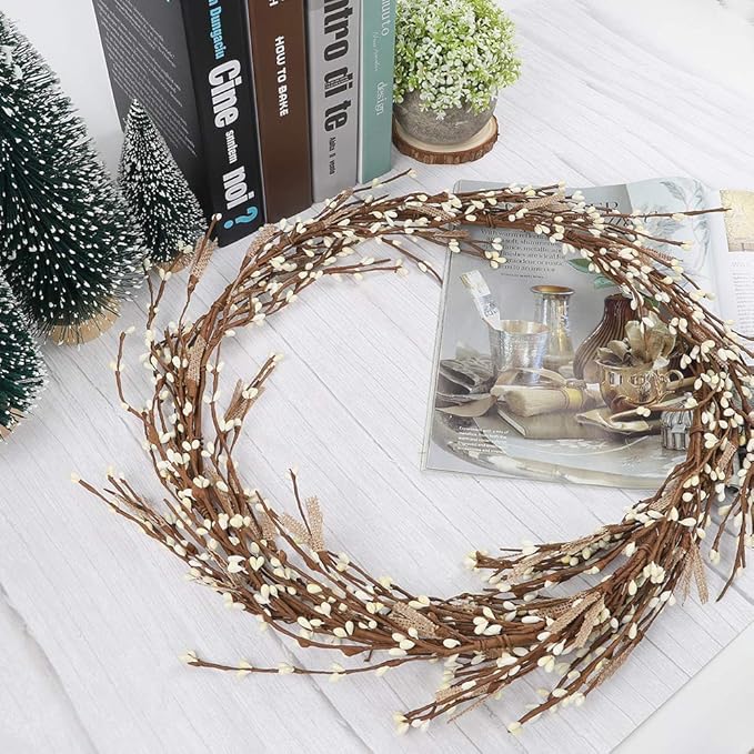 NeoL'artes 60 inch White Pip Berry and Burlap Rustic Garlands for Holiday Home Decor and Craft (White)