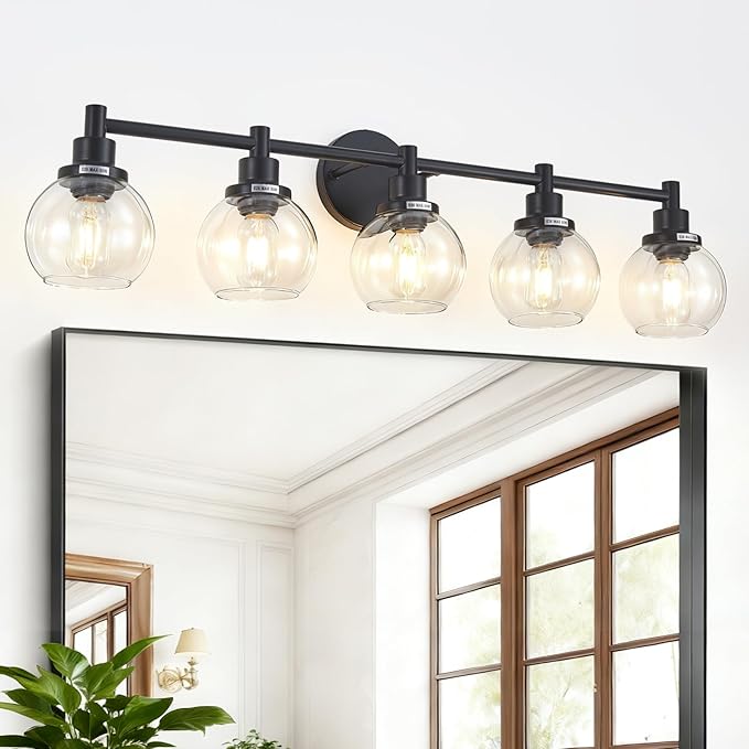 5-Light Bathroom Light Fixture Black Vanity Lights Over Mirror Modern Wall Sconce Farmhouse Vintage Bathroom Vanity Lighting with Glass Shade for Bedroom Hallway Cabinet Bathroom